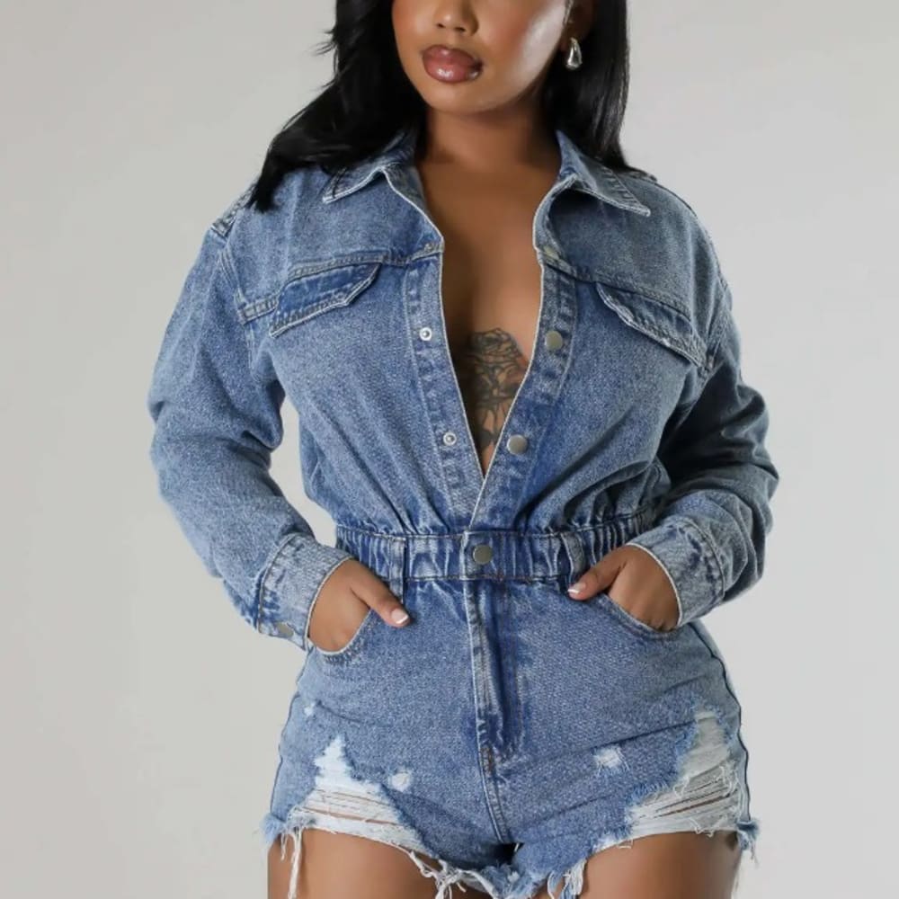 High Elastic Broken Hole Denim Playsuit Romper - Sexy Button V Neck Long Sleeve Jumpsuit